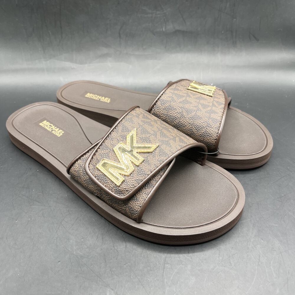 Michael Kors Slide Sandals Womens Sz 9 Palmer MK Logo Brown Gold Slip On New